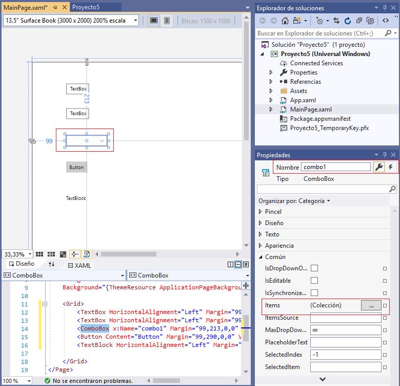 propiedad Items ComboBox aplicacion universal windows visual Studio 2019