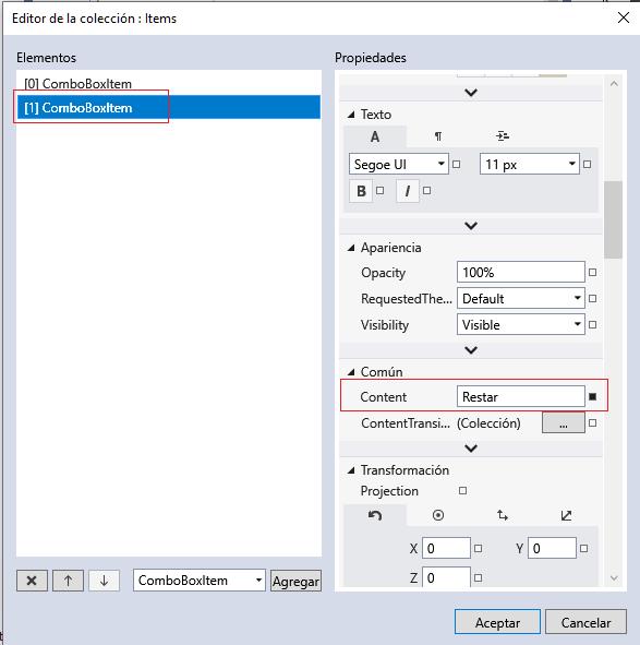 propiedad Content ComboBoxItem ComboBox aplicacion universal windows visual Studio 2019