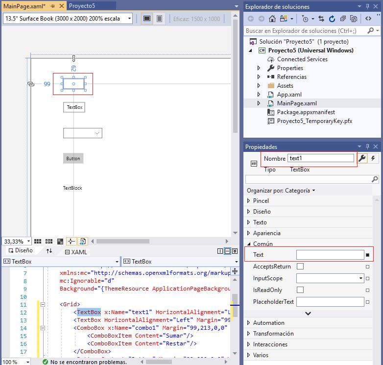 propiedad Content TextBox aplicacion universal windows visual Studio 2019