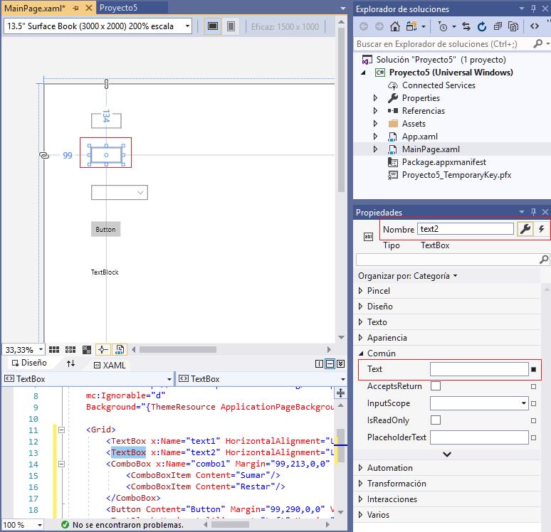 propiedad Content TextBox aplicacion universal windows visual Studio 2019