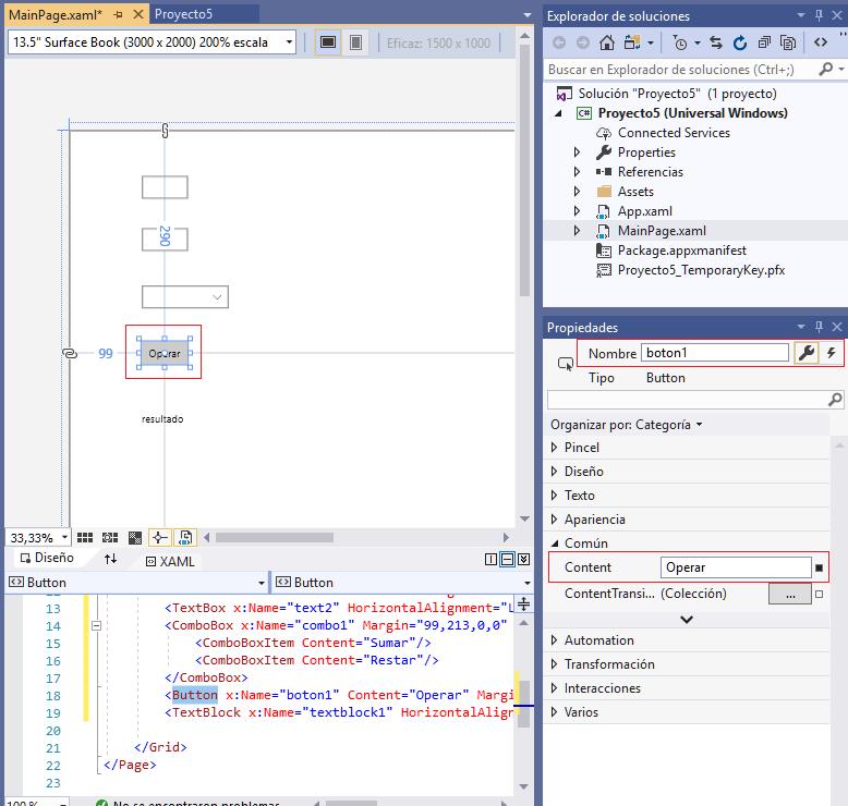 propiedad Content Button aplicacion universal windows visual Studio 2019