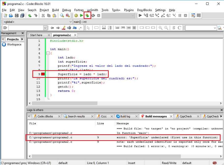 programa c con error sintáctico