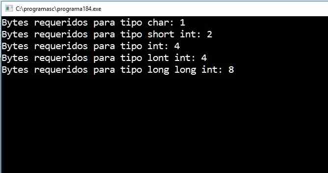 tamaños en bytes de tipos de datos enteros