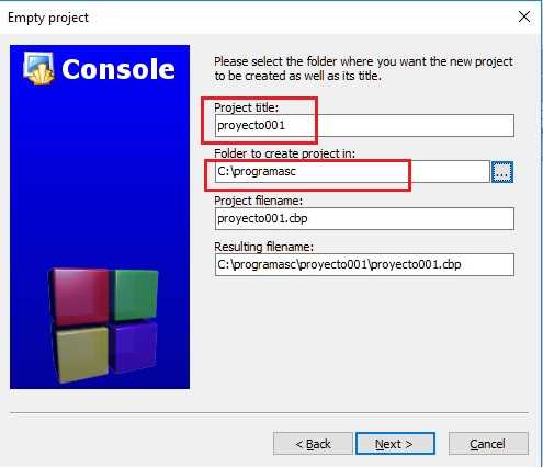 creación proyecto Code::Blocks