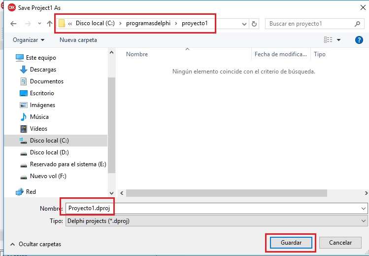 Pasos creación de un proyecto en Delphi y almacenamiento