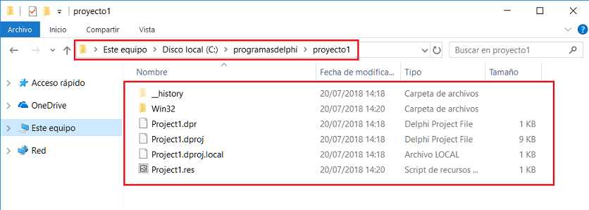 archivos y carpetas de un proyecto Delphi
