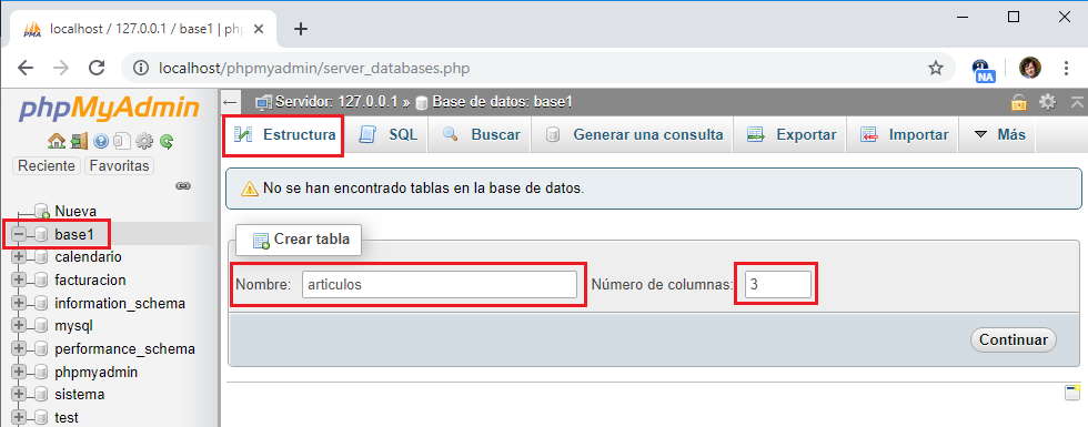 Creación de una tabla PhpMyAdmin