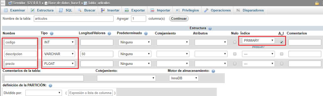 Creación de una tabla PhpMyAdmin