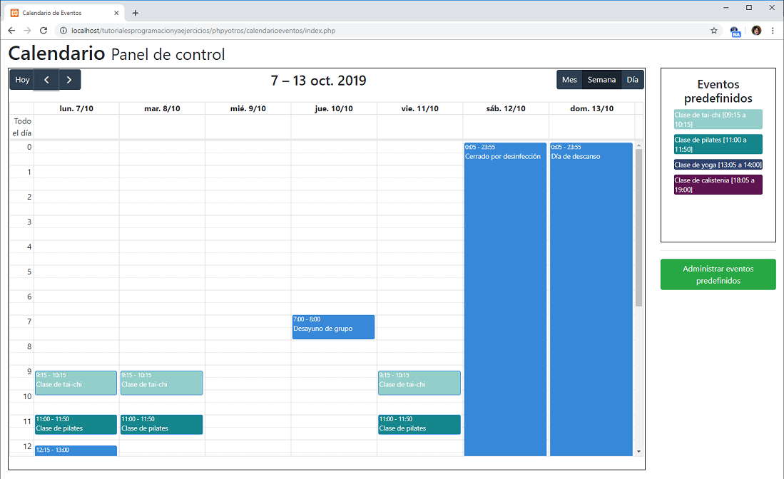 Calendario de eventos php