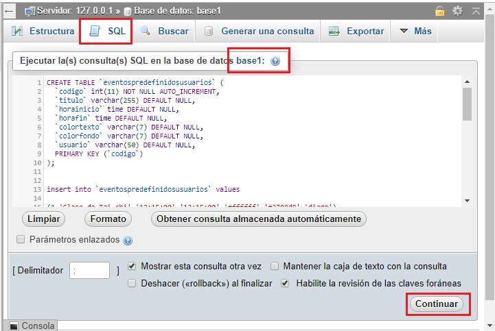 Creación de las tablas del proyecto Login PhpMyAdmin