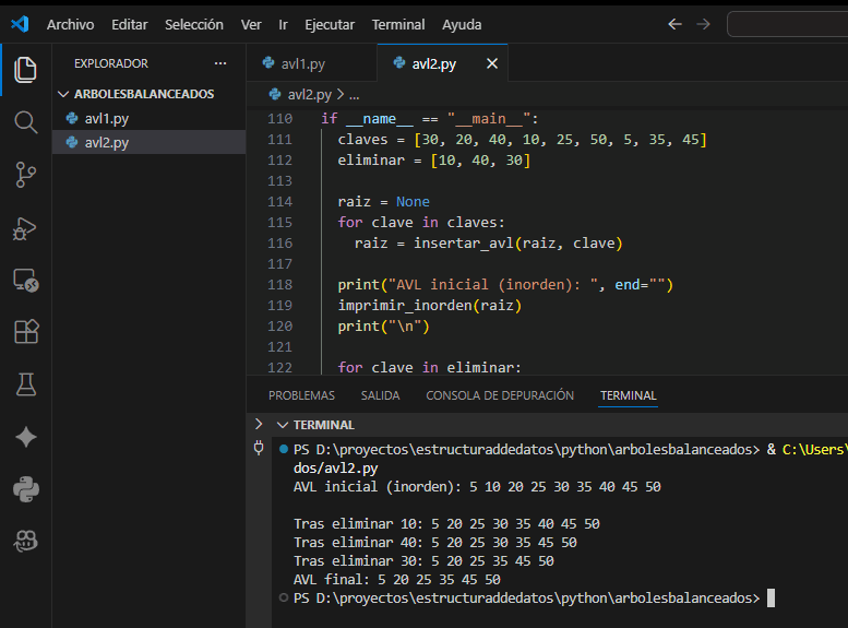 Secuencia de eliminaci&oacute;n y rebalanceo en un &aacute;rbol AVL