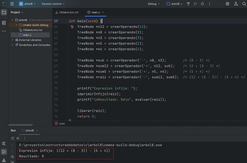 Arbol binario de expresiones con sumas y restas
