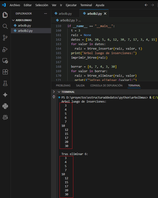 Ejemplo visual de eliminación en árbol B