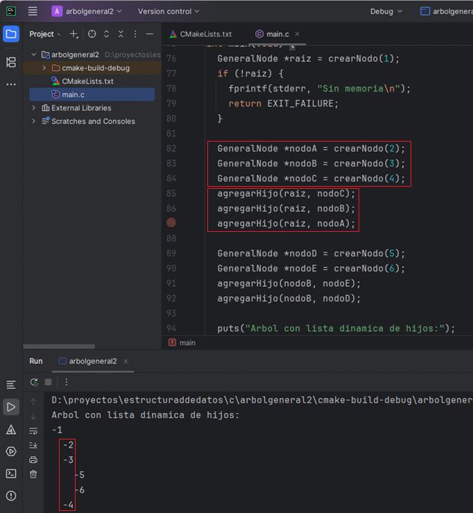 Salida representada como diagrama del árbol con lista de hijos