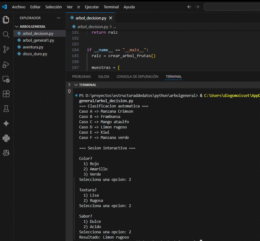 Flujo del árbol de decisiones de frutas