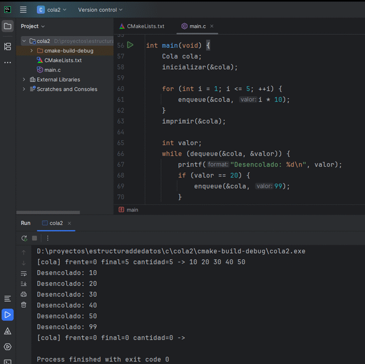 Secuencia de la cola lineal mostrando avance del frente