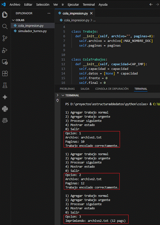 Simulaci&oacute;n visual de operaciones en la cola
