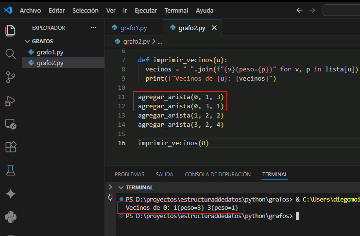 Lista de adyacencia con vecinos y pesos