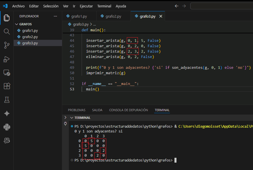 Salida en consola de una matriz de adyacencia
