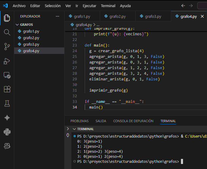Salida de consola con listas de adyacencia