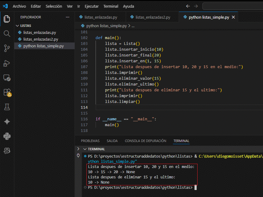 Esquema de inserciones y eliminaciones en lista simple