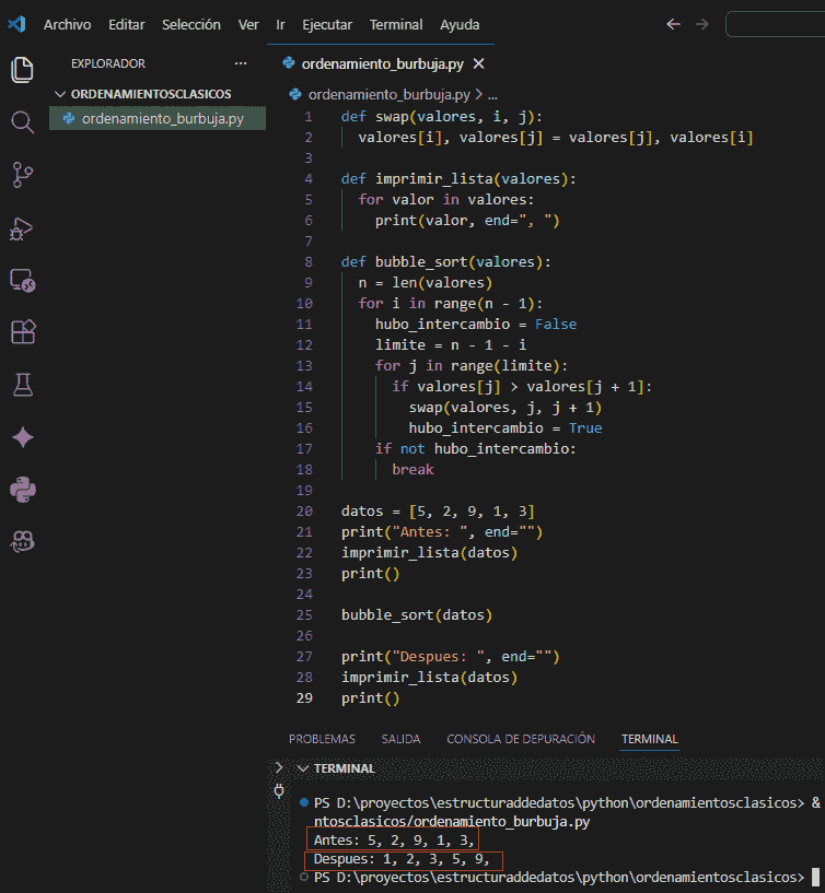 Ejemplo visual de Bubble Sort paso a paso