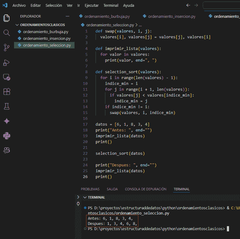 Diagrama de Selection Sort paso a paso