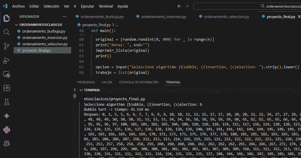 Proyecto final: menu y ejecucion de los ordenamientos
