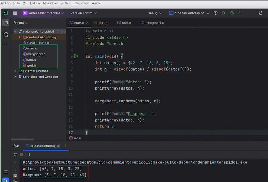 Ilustraci&oacute;n de MergeSort combinando subarrays