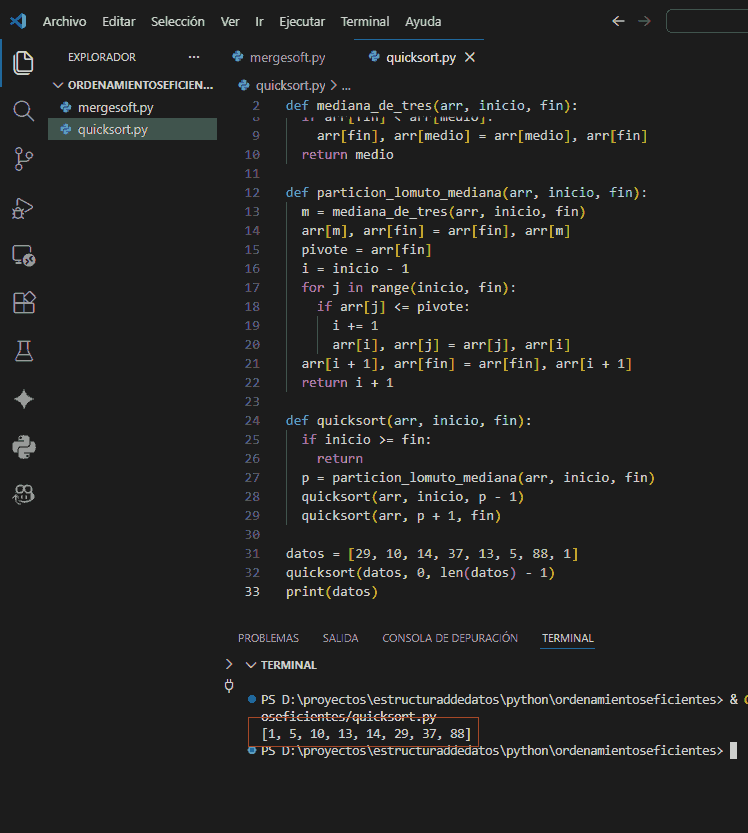 Ilustraci&oacute;n de QuickSort particionando una lista