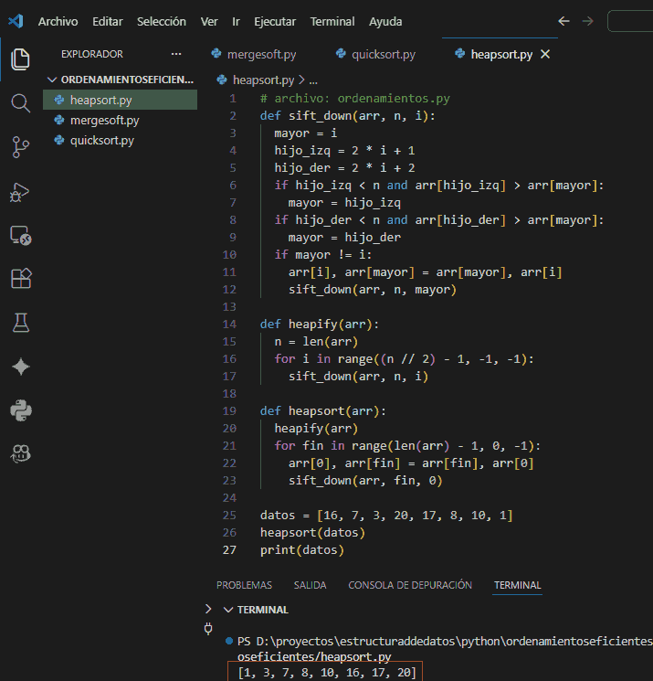 Mont&iacute;culo binario aplicado en HeapSort
