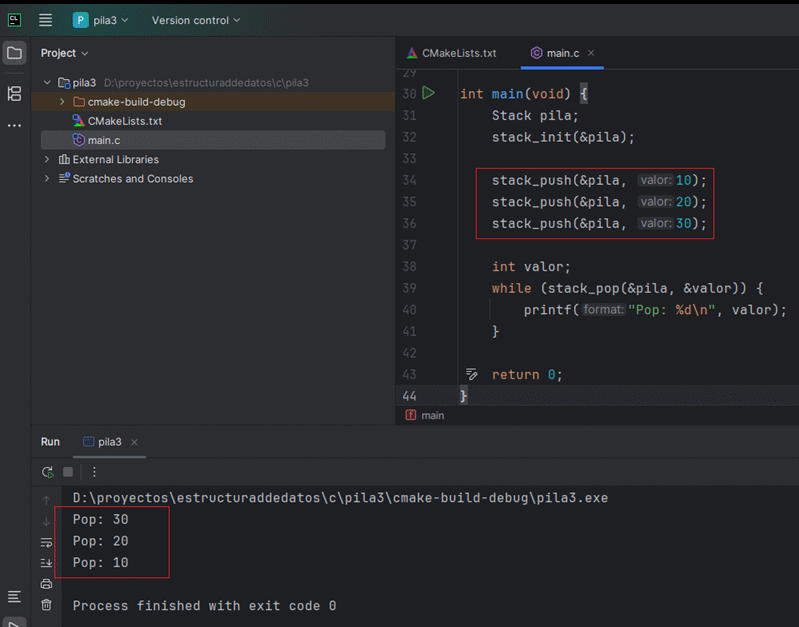Salida de consola mostrando operaciones pop