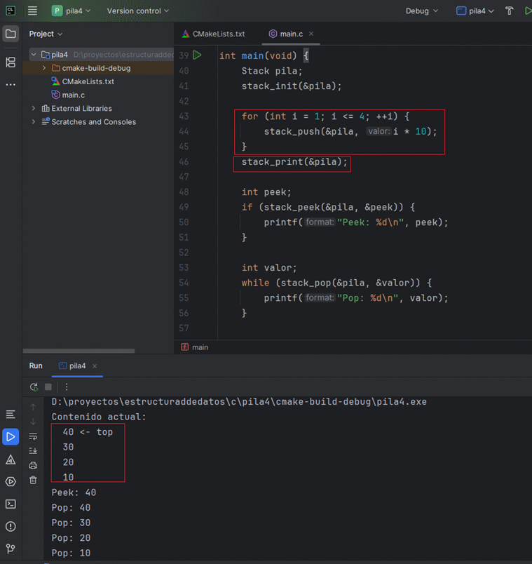 Salida de consola mostrando una pila con arrays en CLion