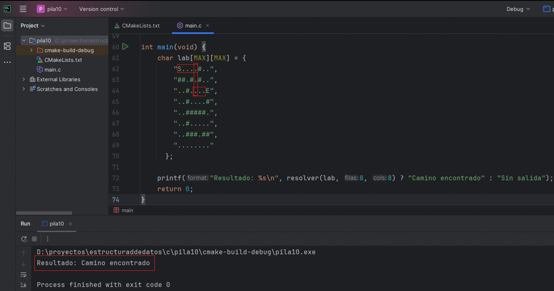 Representaci&oacute;n del laberinto resuelto con pilas