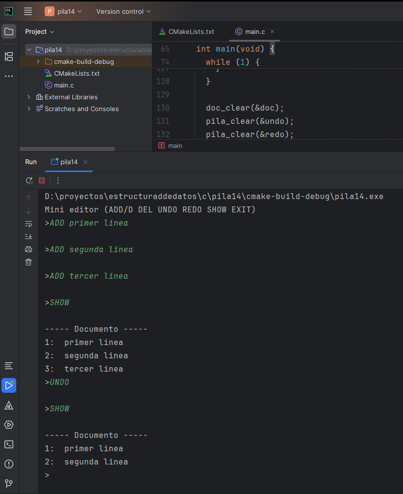 Captura del mini editor en consola