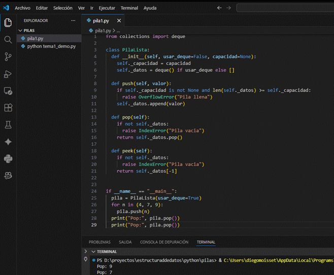 Comparaci&oacute;n visual entre pila con lista y con deque