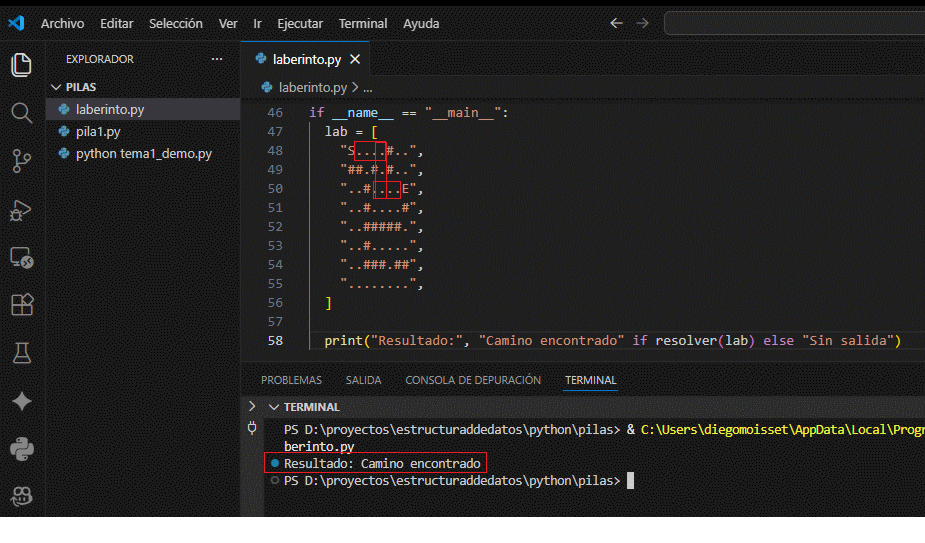 Representaci&oacute;n del laberinto resuelto con pilas