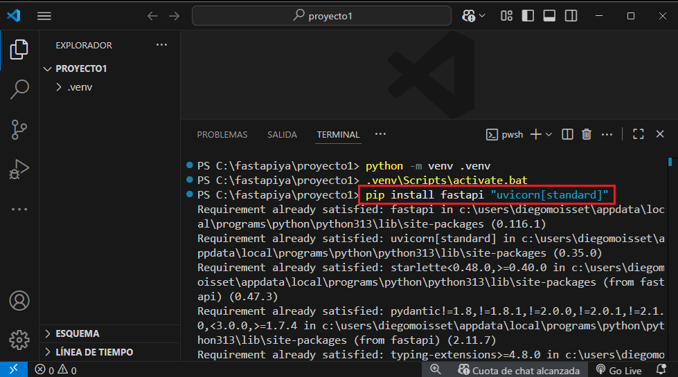 Instalación de FastAPI y Uvicorn con pip
