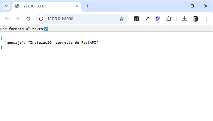Vista en el navegador de la app FastAPI