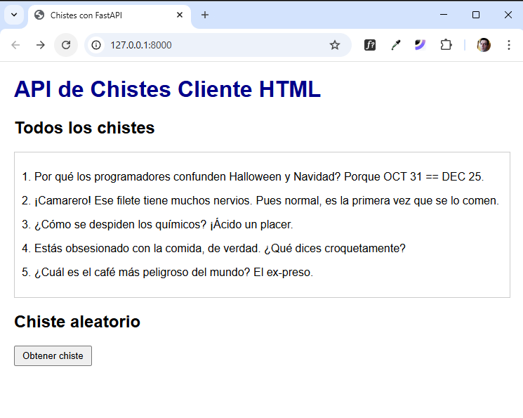 Página HTML de chistes consumiendo la API y pagina estática