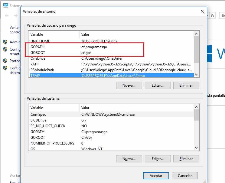 variables de entorno Go en Windows