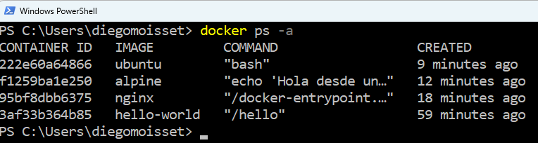 Salida del comando docker ps -a