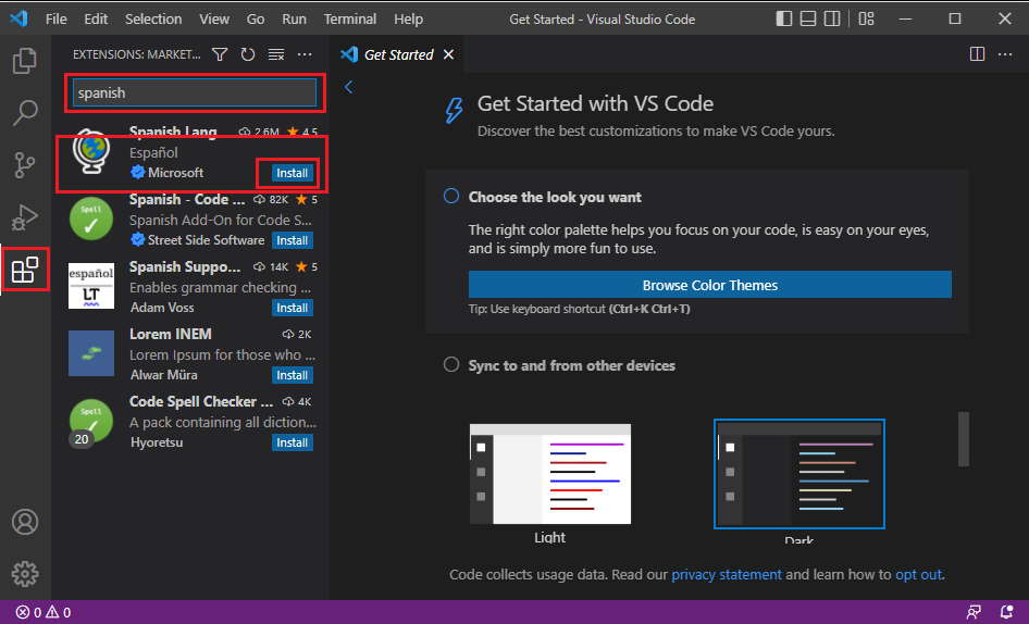 extensión idioma español vscode
