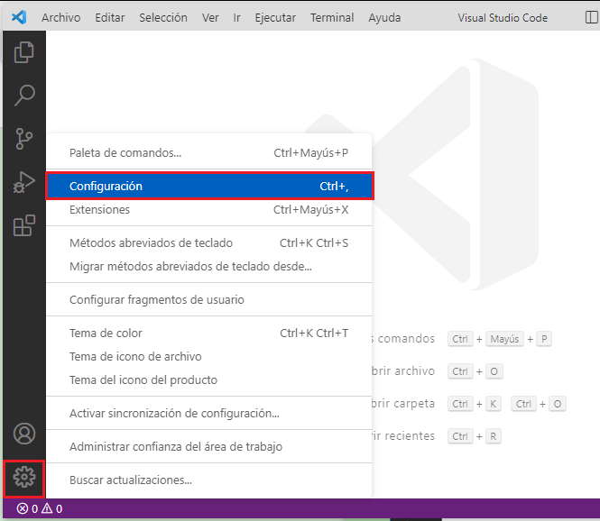 configuración desde el ícono rueda dentada vscode
