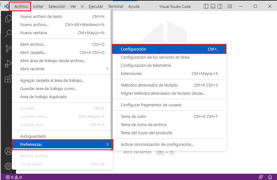 configuración desde el menú de opciones vscode