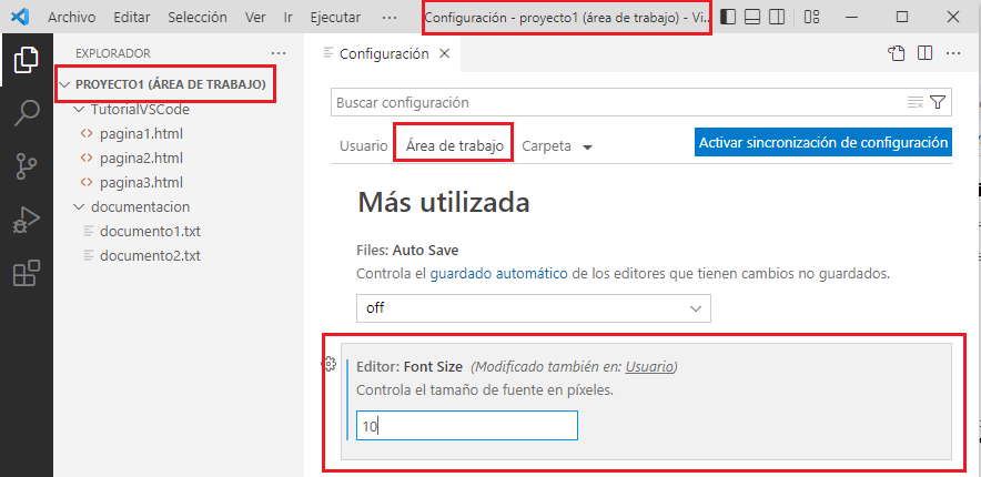 configuración área de trabajo vscode