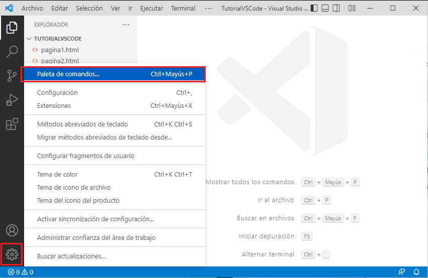 paleta de comandos desde el ícono rueda dentada vscode