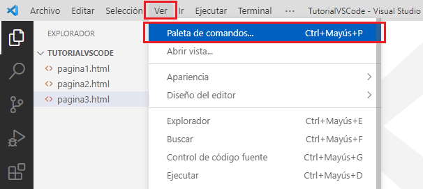 paleta de comandos desde el menú de opciones vscode