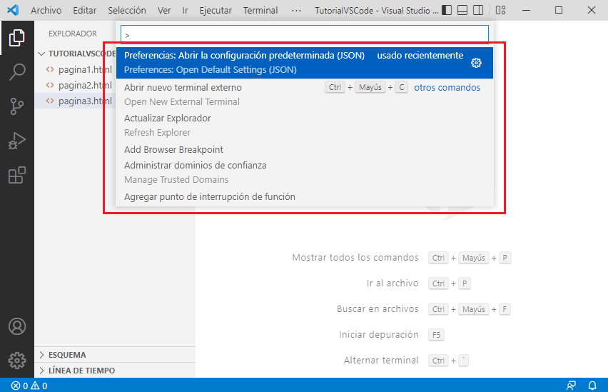 paleta de comandos con el teclado vscode