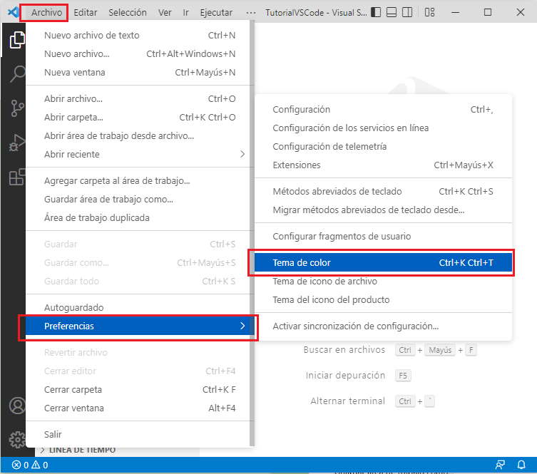 tema de color desde el menú de opciones vscode